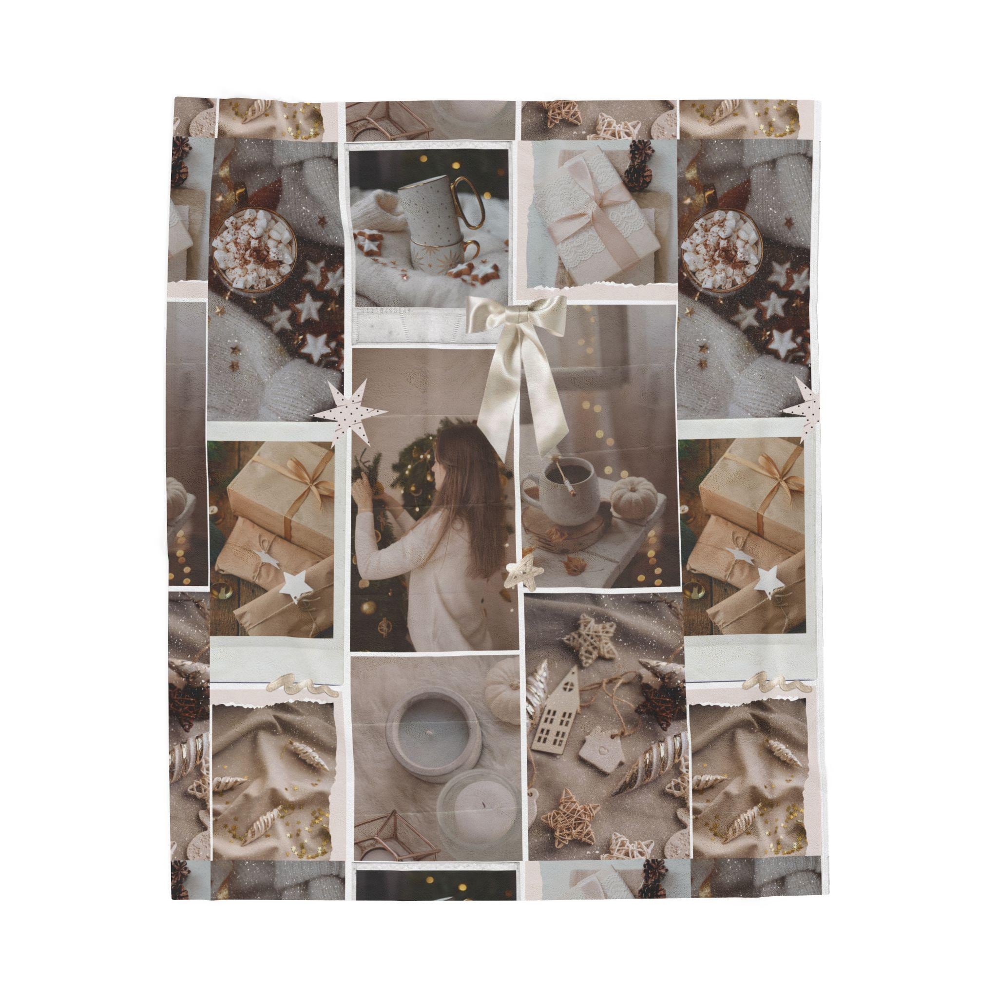 Collage of Christmas-themed images including presents, a woman, and decorative elements on a white background.