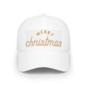 White cap with 'Merry Christmas' text in gold on a white background