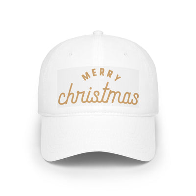 White cap with 'Merry Christmas' text in gold on a white background